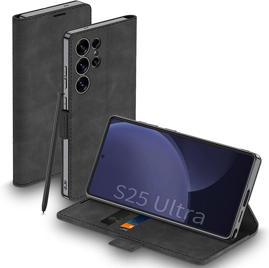 Flip Case for Samsung Galaxy S25 Ultra, Electroplated Leather Cover with Card Holder Magnetic Closure Shockproof Wallet Case,Black,S25 Ultra (S25 Ultra,Gray)