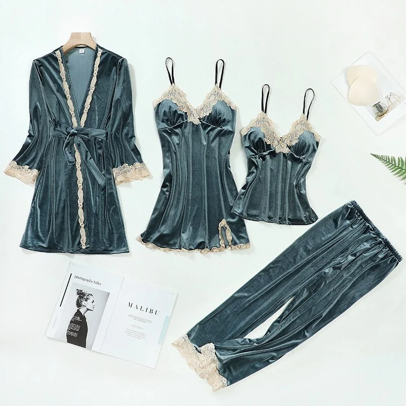 New Female Velvet Pajamas Set Autumn Winter Velour Sleepwear Bathrobe  Lace Trim Pyjama Trouser Suits Casual Home Wear
