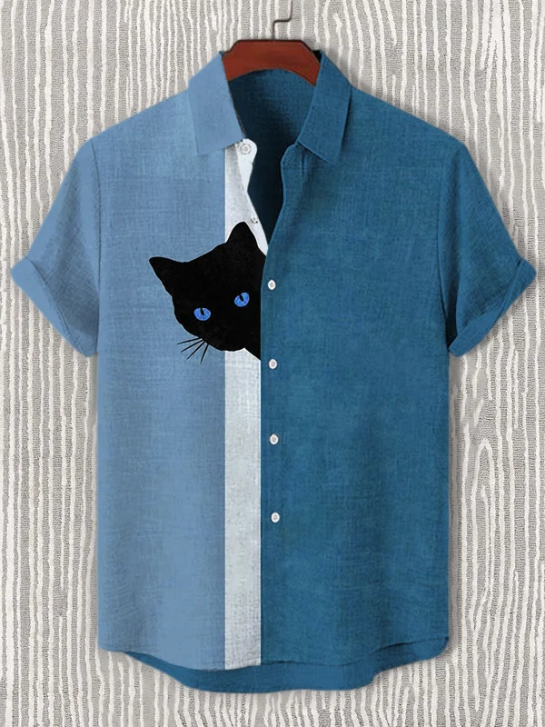 Men's Fun Hide And Seek Black Cat Print Print Casual Shirt