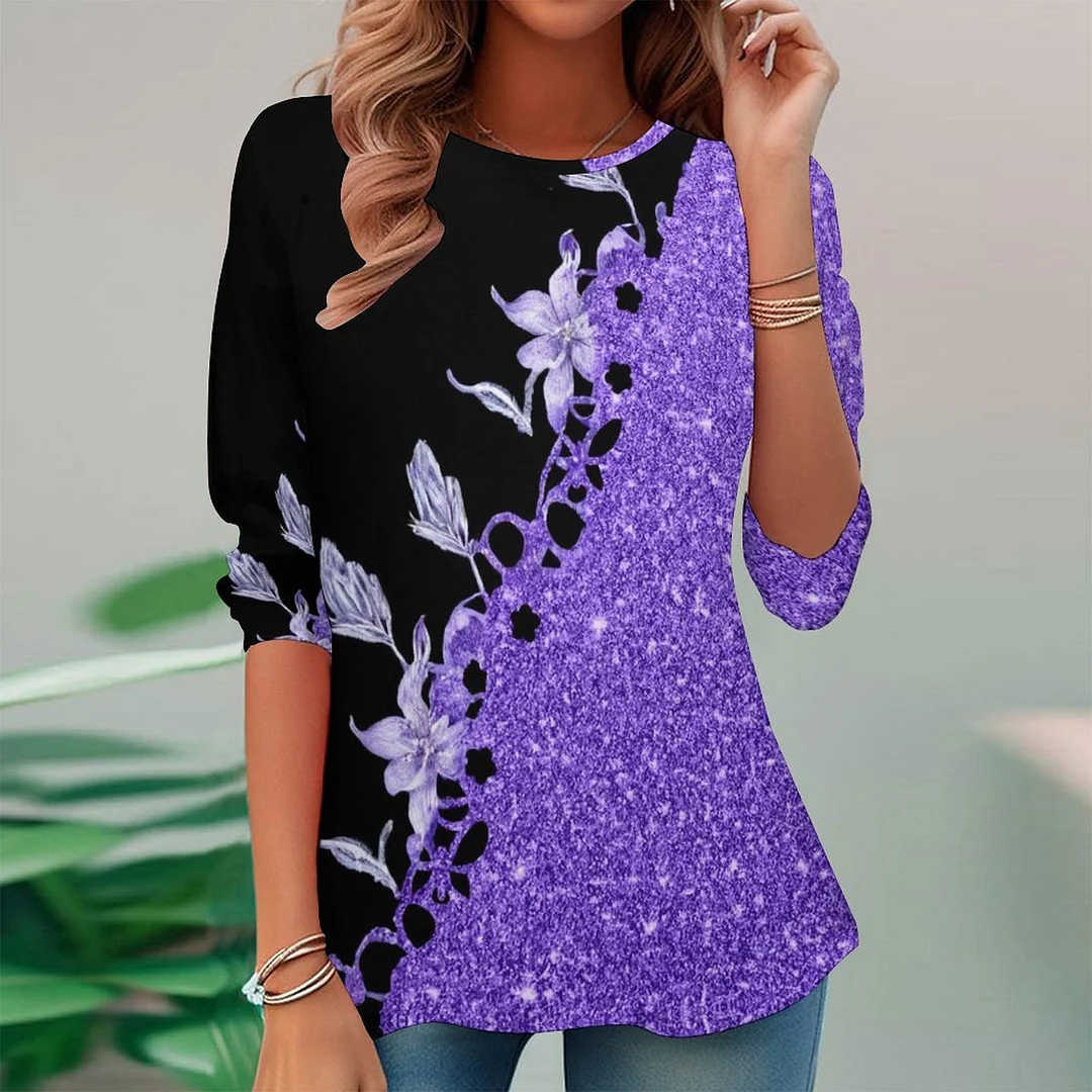 Vintage Printed Long Sleeve Plus Size Tunic for  Women and Men Unisex Pattern Purple,Floral,Glitter
