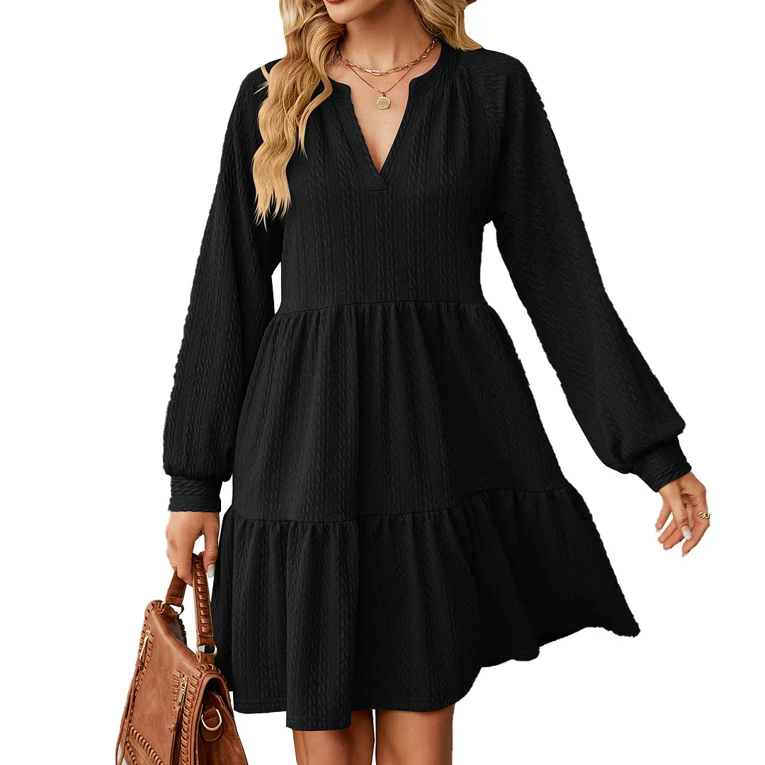 Churchf Churchf Autumn And Winter New V Collar Small Twist Pure Color Long Sleeve Loose Casual Dress Female