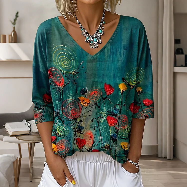 Women's Vintage Floral Pattern Art Print Flowy Linen Blend  Three-quarter Sleeve V Neck Linen Tops