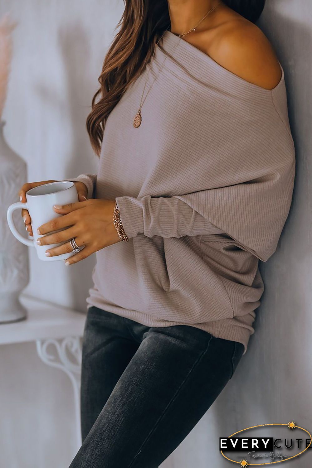 Off Shoulder Ribbed Texture Raglan Long Sleeve Top