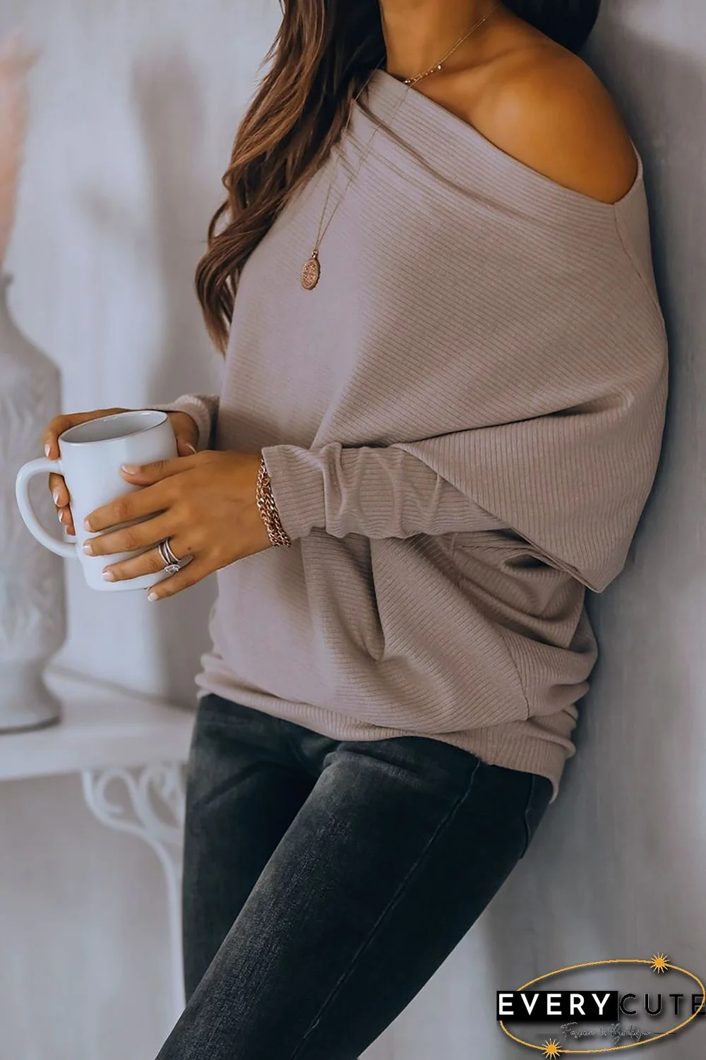 Off Shoulder Ribbed Texture Raglan Long Sleeve Top