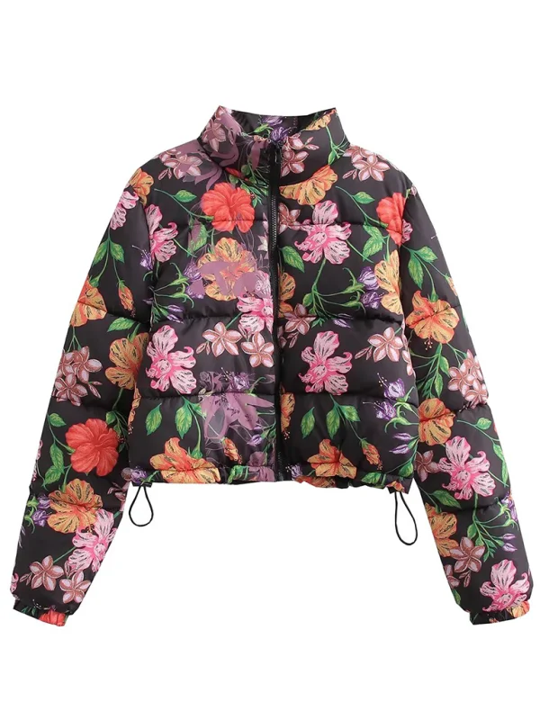 Women's floral print turtleneck Quilting coat Flusfy