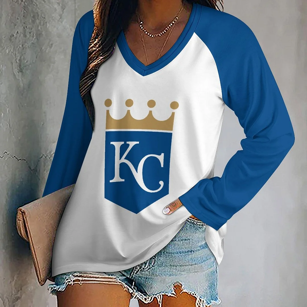 V-neck Long Sleeve Casual T-shirt for  Women and Men Printed with Pattern,Blue,Light Blue,Gold,White