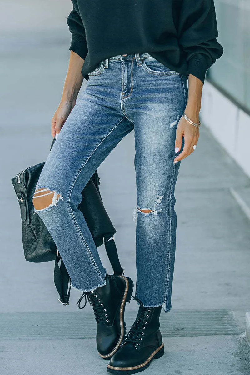 Street Solid Ripped Straight Denim Jeans