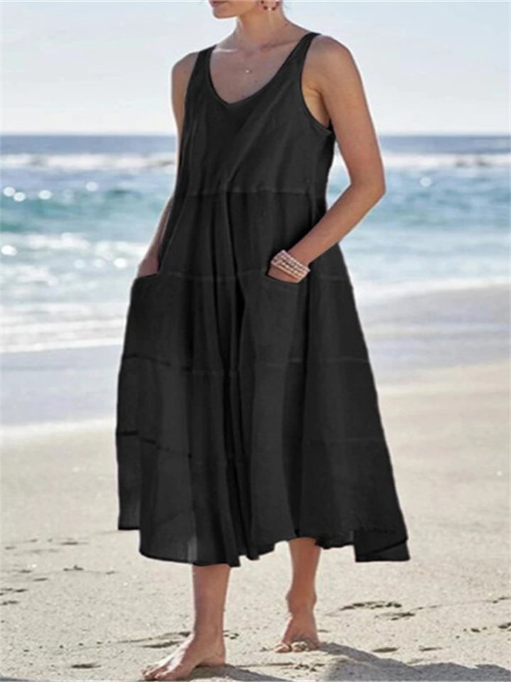 Sleeveless Multi-layer Beach Dress In Cotton And Linen Black Dresses | EGEMISS