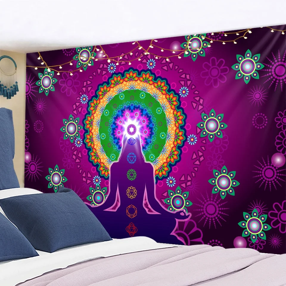 Indian Buddha Statue Meditation 7 Chakra Tapestry Wall Hanging Mandala Tapestries Wall Cloth Psychedelic Yoga Carpet Boho Decor