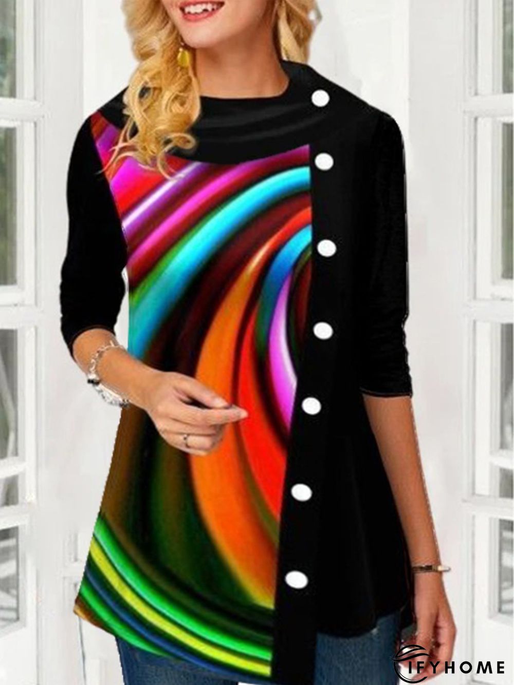 Casual Color Block Turtle Neck Long Sleeve Loosen Tops | IFYHOME