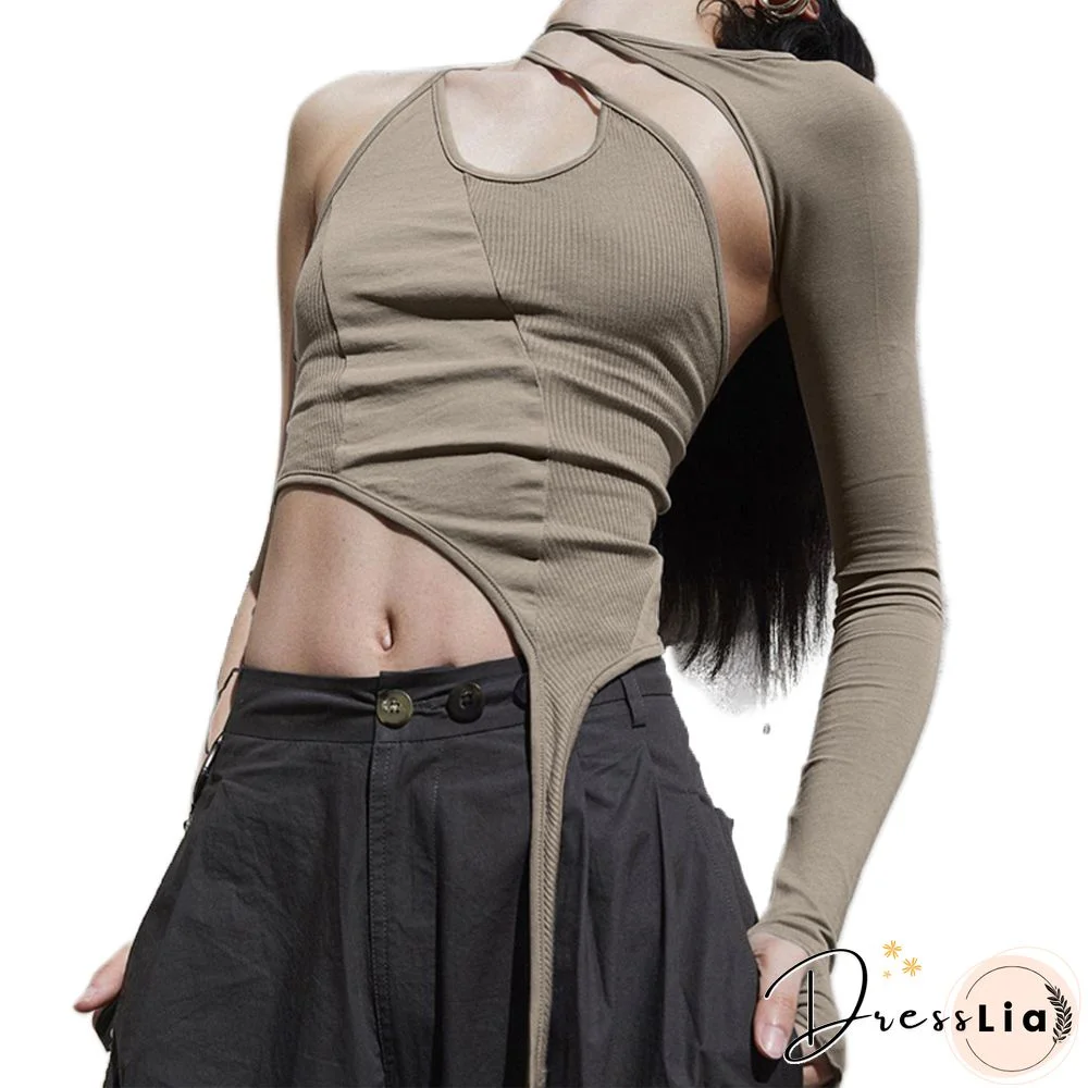 Street Sexy One Shoulder Hollow Out Tie Up Halter Crop Top Women Long Sleeve Backless Solid Slim Fit T-Shirt Exposed Navel Tee