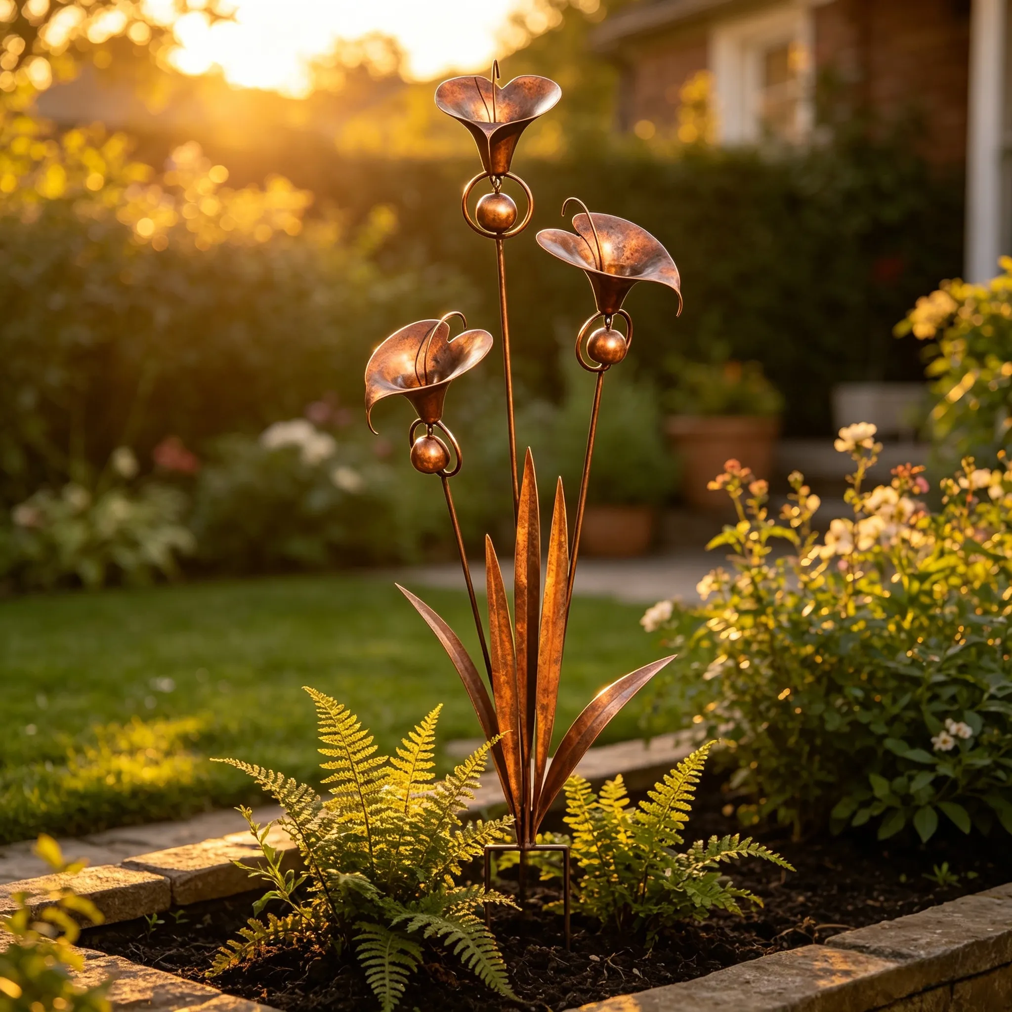 Flamed Copper Three Calla Lilies Garden Stake with Bells, 28" Handcrafted Outdoor Yard Art