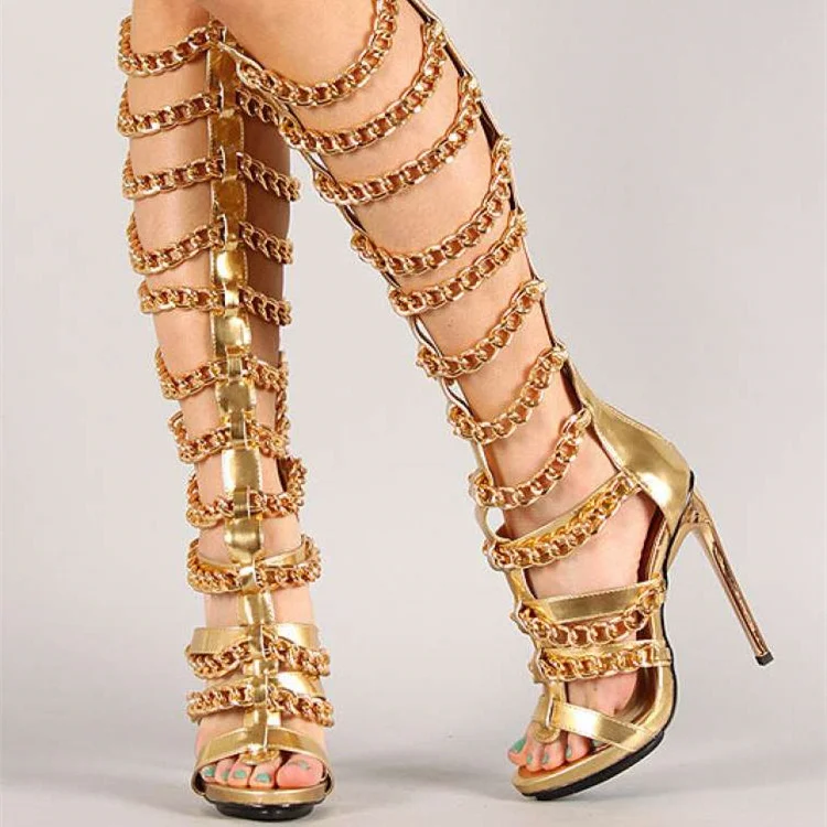 Gold Gladiator Heels Open Toe Metal Chains Knee-high Sandals |FSJ Shoes