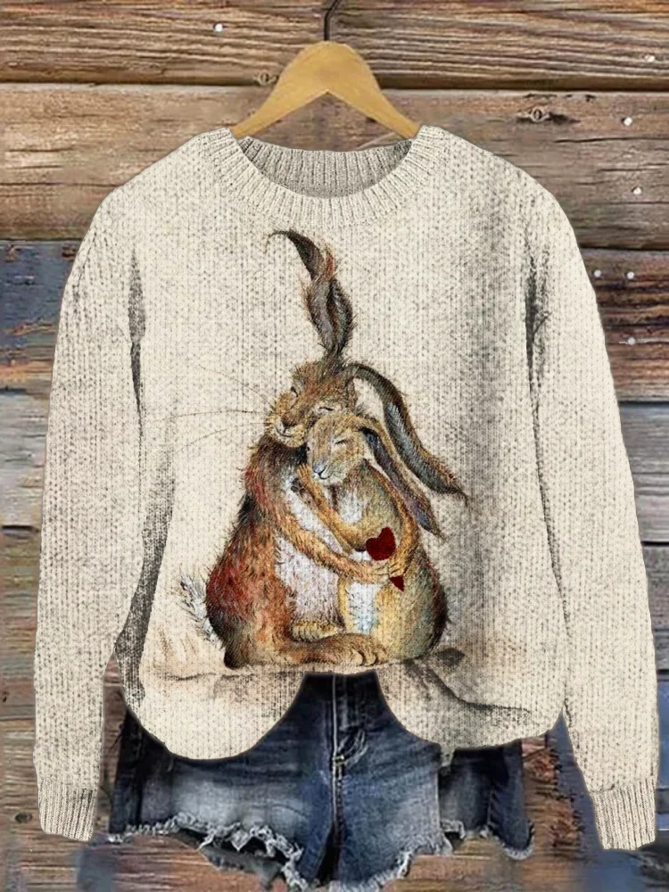 VChics Valentine Gift Cuddly Bunnies Pattern Cozy Knit Sweater