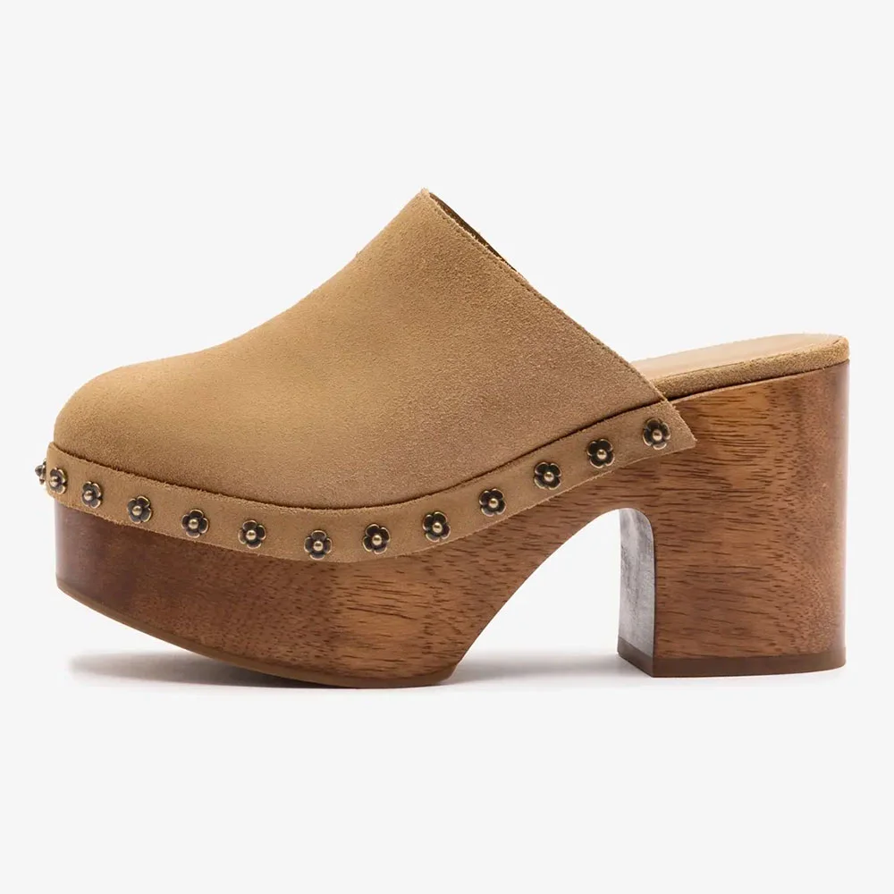 Vegan Suede Closed Round Toe Platform Studded Heeld Mules in Tan