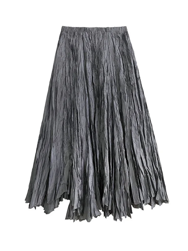 Vintage Grey High-Waisted Pleated A-Line Irregular Clipping Skirt
