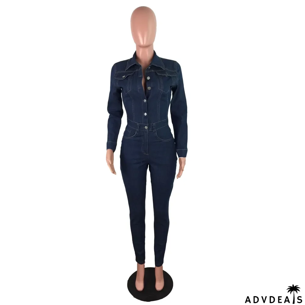 Winter Formal Blue Button Up Denim Jumpsuit