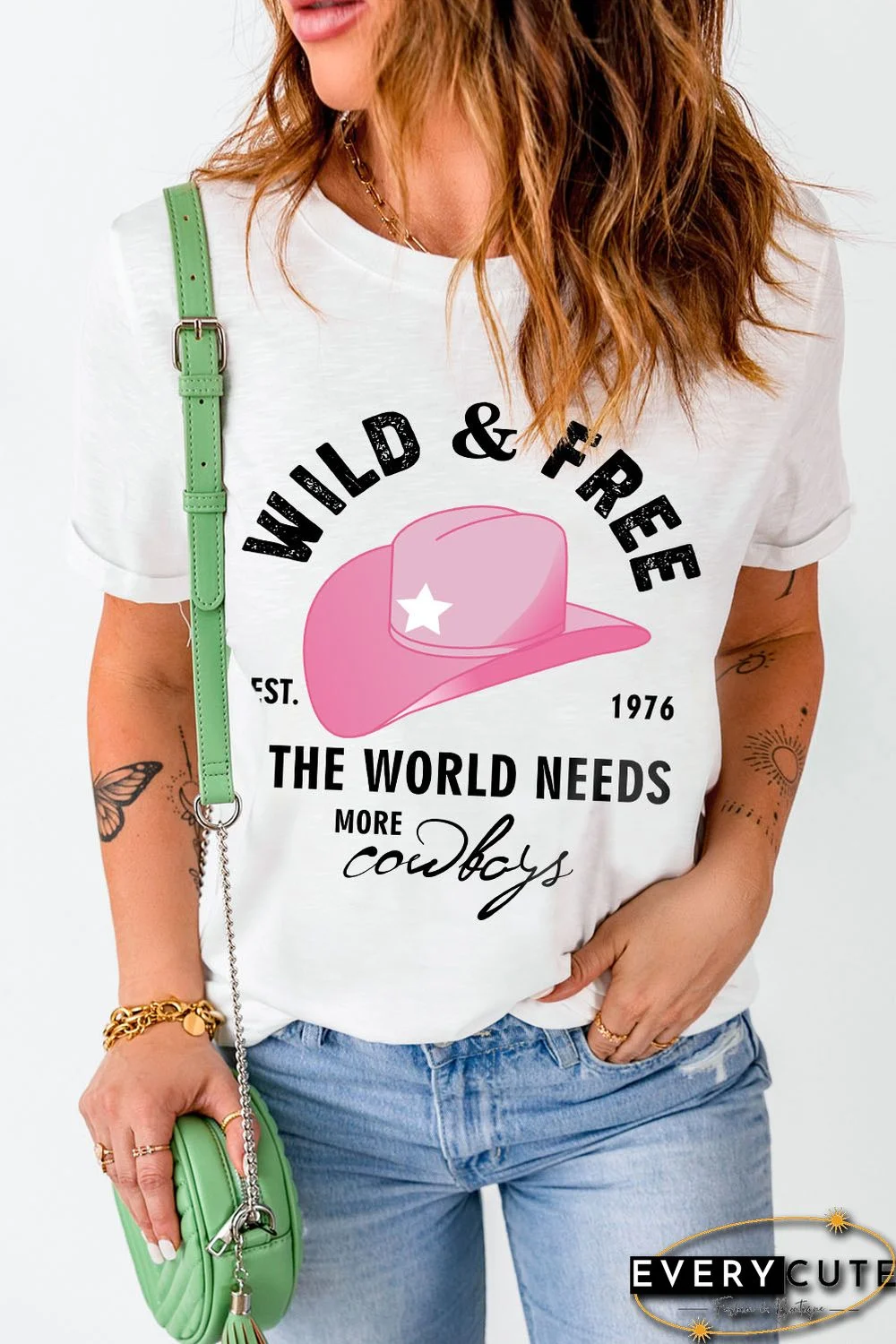 White WILD&FREE Cowboys Fashion Graphic Tee