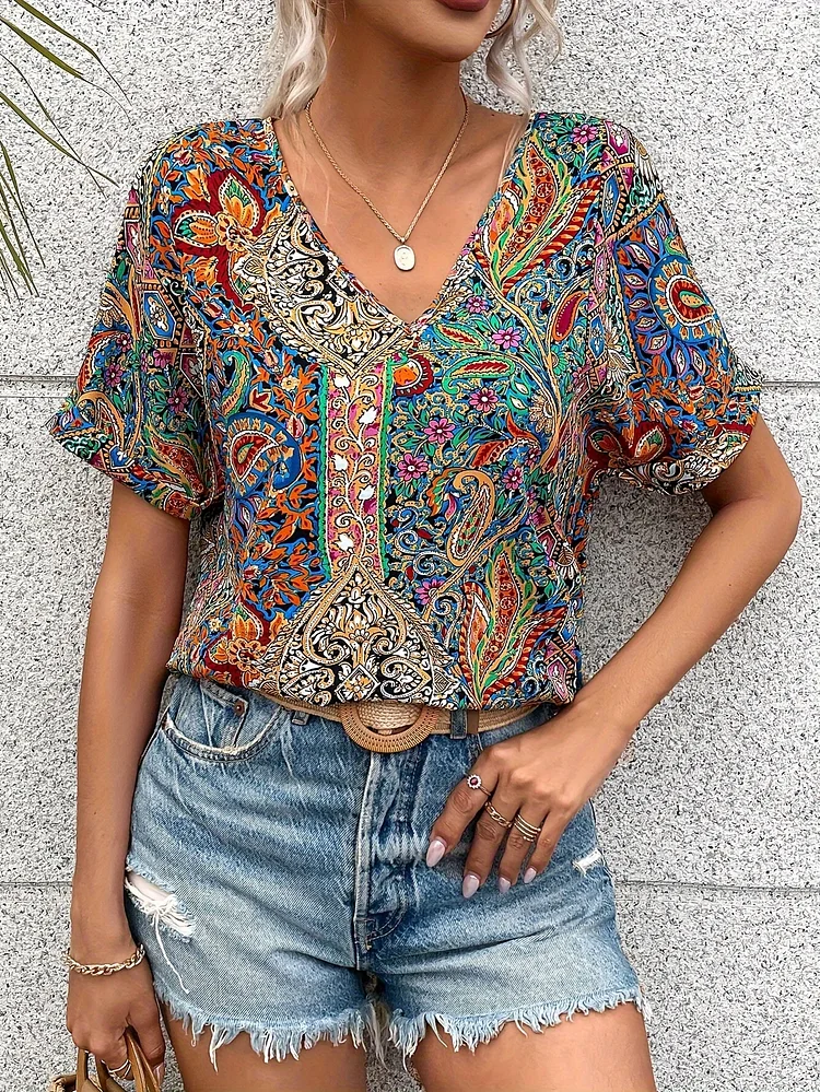 Paisley Print V-Neck Blouse, Elegant Short Sleeve Loose Blouse For Spring & Summer, Women's Clothing