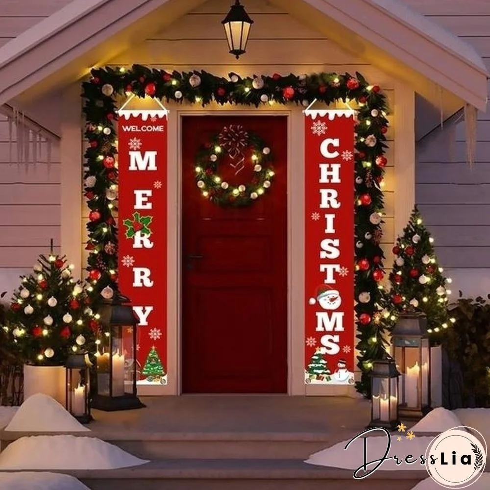 3 Pcs/set Merry Christmas Banner Door Curtain Xmas Tree Welcome Home Couplet Hanging Decoration(2pc 59in rectangle and 1pc 10in Square )with 3 Hooks and 3 Ropes