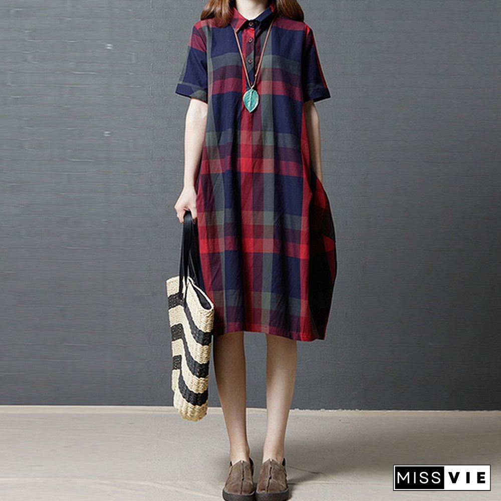 Women Vintage Loose Lapel Short Sleeve Check Plaid Loose Tunic Midi Dress Plus Holiday