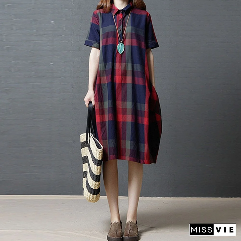 Women Vintage Loose Lapel Short Sleeve Check Plaid Loose Tunic Midi Dress Plus Holiday