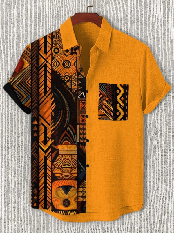 Men's Retro Traditional Ethnic Pattern Art Print Linen Blend Shirt