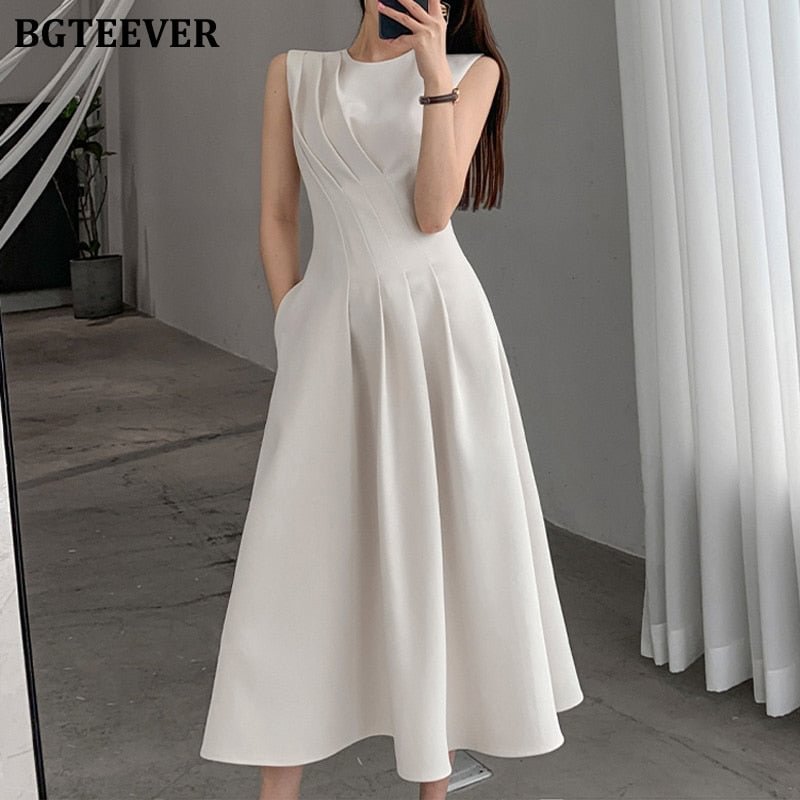 BGTEEVER Elegant O-neck Women A-line Dress Spring Summer Sleeveless Slim Waist Female Solid Dress Ladies Midi Vestidos 2022