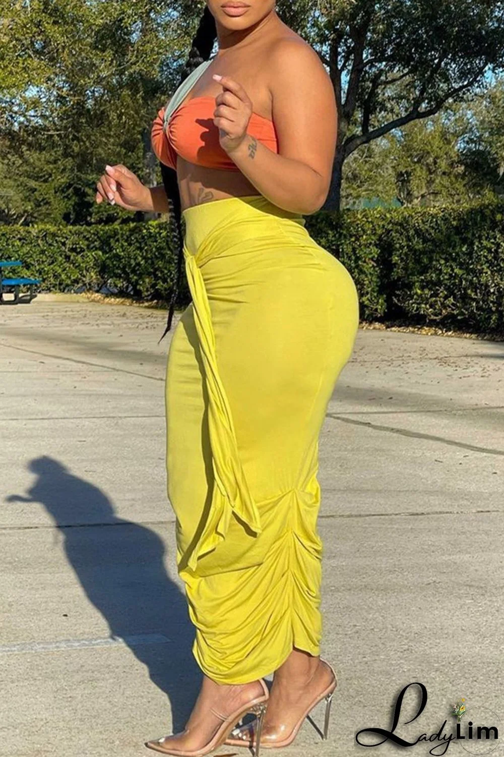 Orange Fashion Sexy Solid Split Joint Backless Strapless Sleeveless Two Pieces