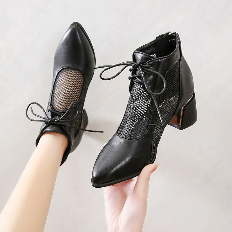2022 Summer Sexy Black Ankle Boots For Women Mesh Breathable High Heels Botas De Mujer Pointed Toe Thick Heeled Sandals