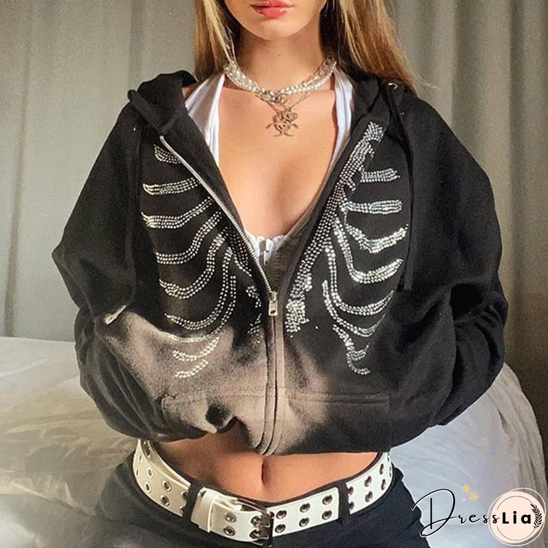 Christmas Gift Goth Skeleton Hand Print Autumn Winter Hoodies Women Zipper Up Harajuku Sweatshirt Gothic Clothes Loose Jacket Coat Hooded