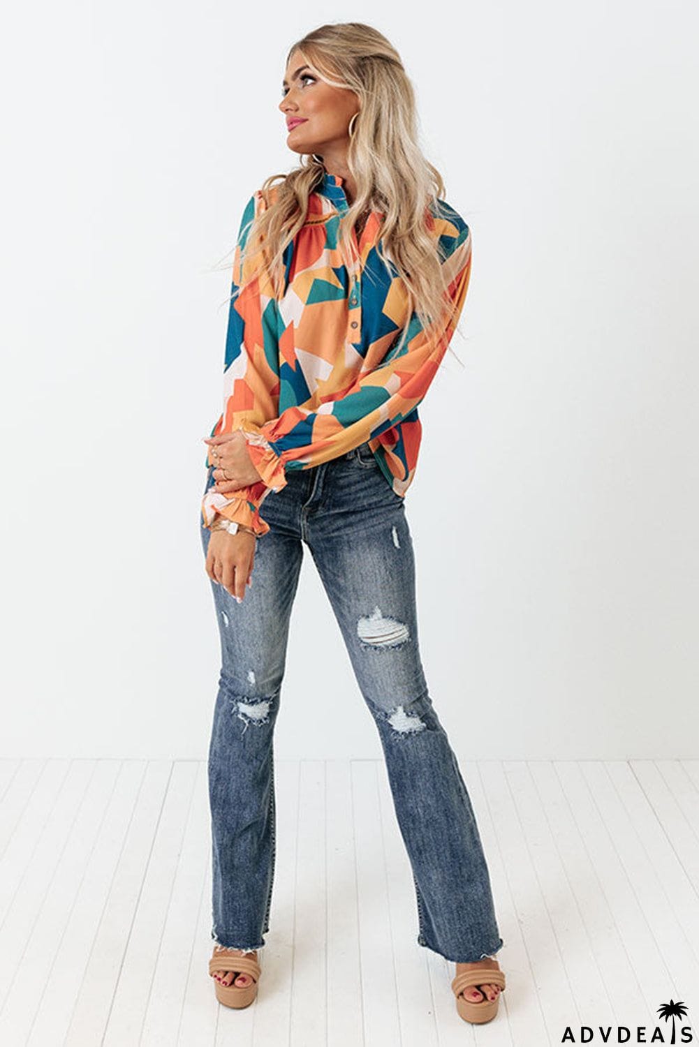 Geometric Patchwork Print Half Buttoned Blouse