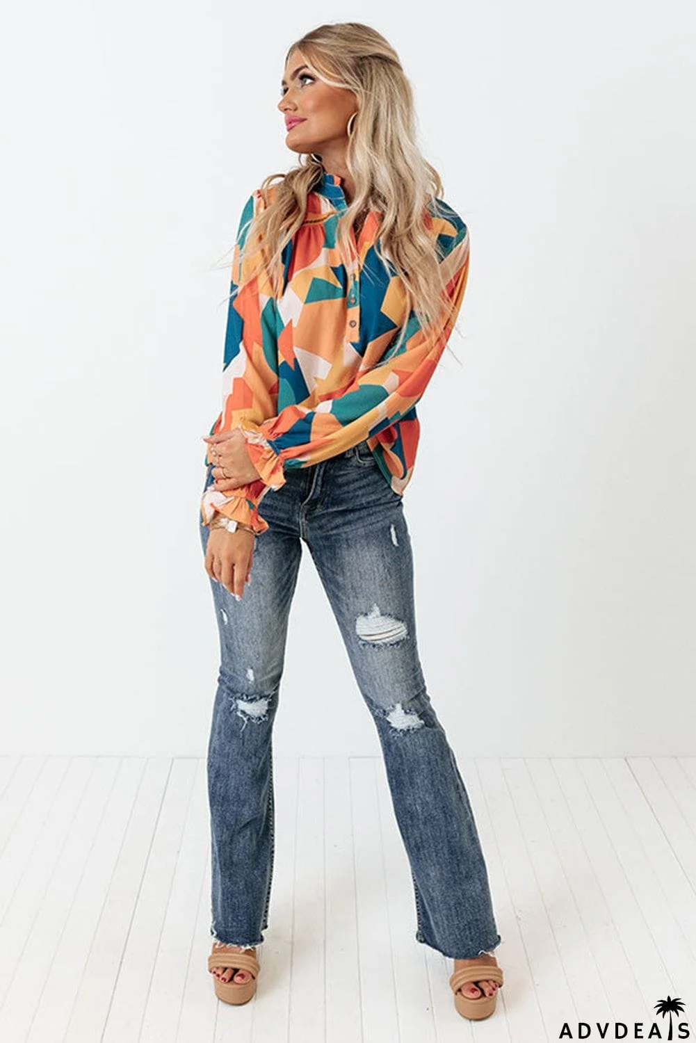 Geometric Patchwork Print Half Buttoned Blouse