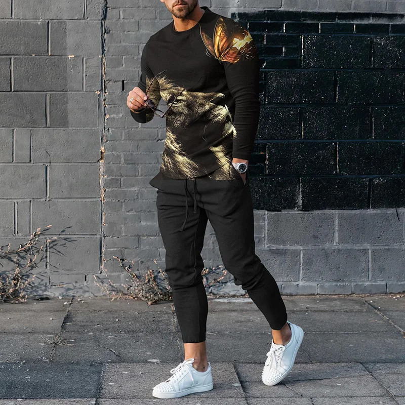 Men's  Personality Lion Long Sleeve T-Shirt And Pants Co-Ord