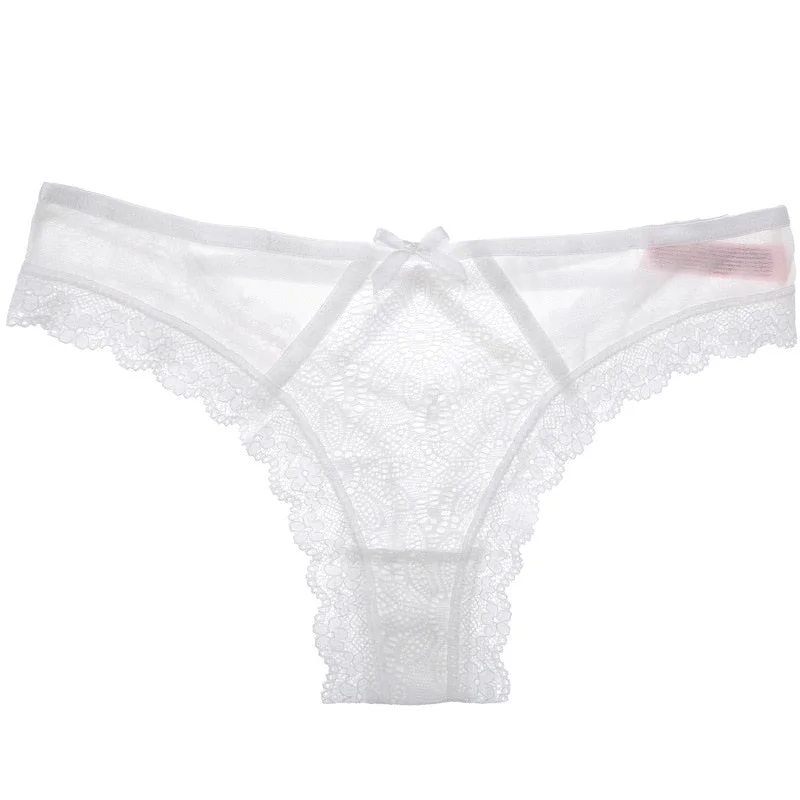European Luxury Lace Sexy Women Underwear Transparent Bow Hollow Out Panties Sex Thong Low Waist Seamless Briefs Tanga