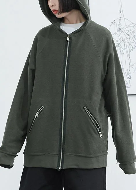 Elegant dark green cotton crane tops hooded zippered daily autumn shirt