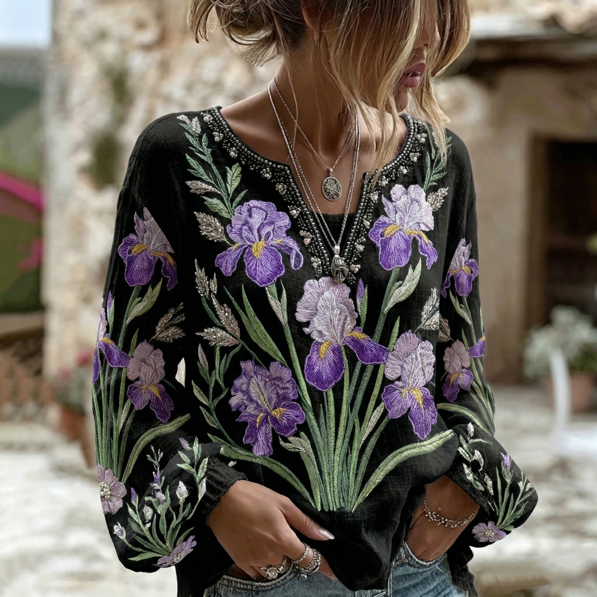 Women's Iris Print V-neck Linen Blend Blouses elevenforest