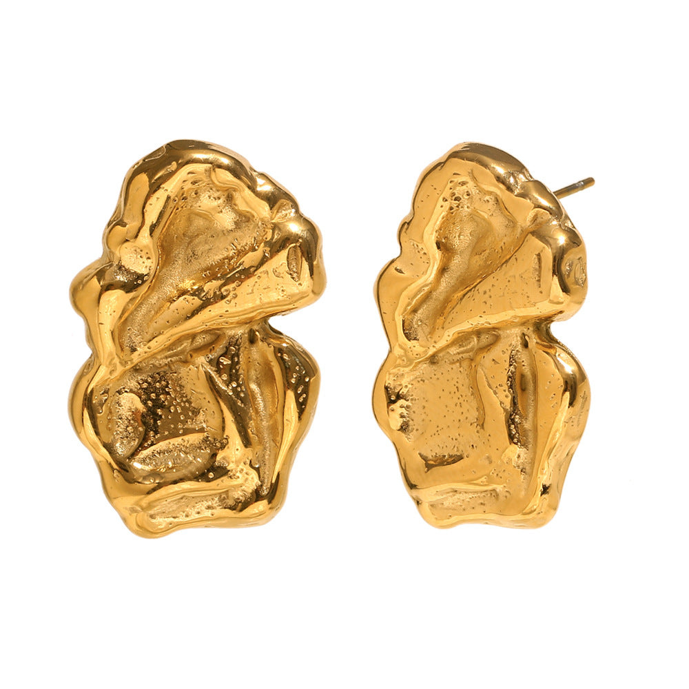 Retro French Earrings Stainless Steel Plated 18K Gold Vintage Irregular Fold Earrings For Women
