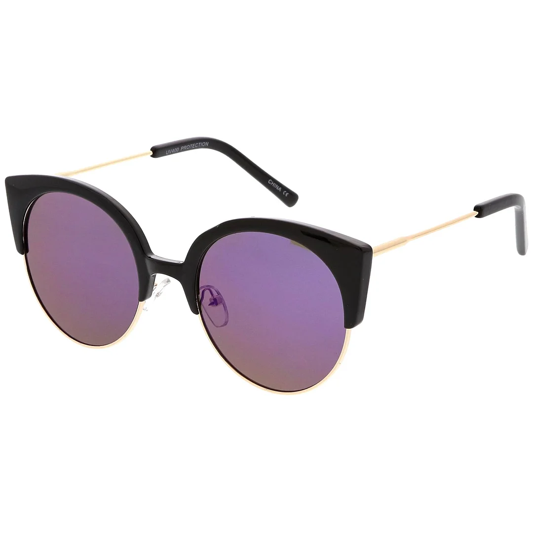 Women's Half Frame Cat Eye glasses Ultra Slim Arms Mirrored Round Flat Lens 53mm