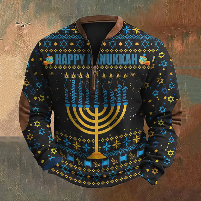 Men's Vintage Hanukkah Print Casual Zip Sweatshirt