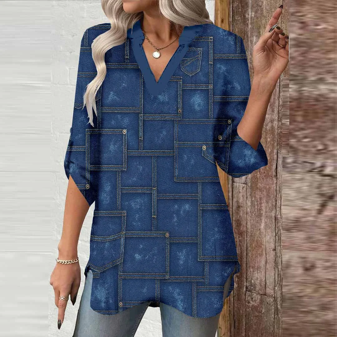 Women Patchwork,  Checkered,  Blue DZGA0424 3/4 Sleeve V-neck Printed Graphic Button Tops