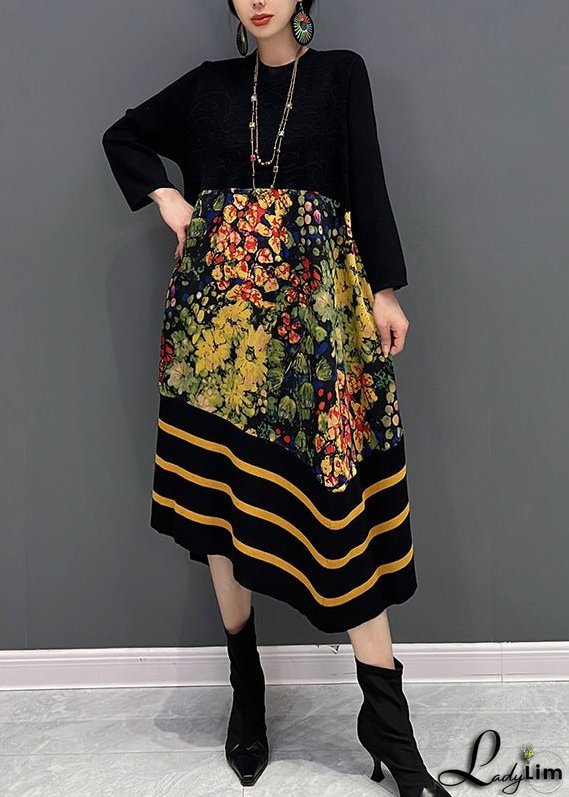 DIY Black O-Neck Print Striped Patchwork Knit Long Dresses Fall