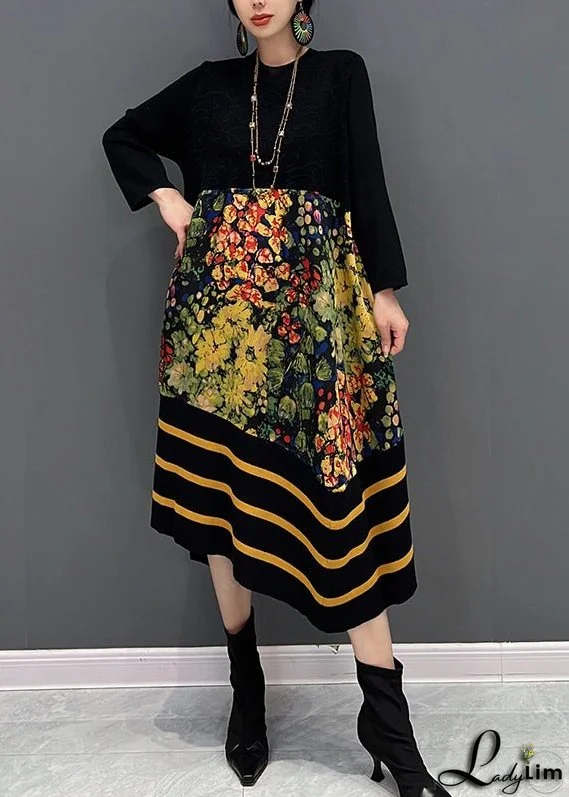DIY Black O-Neck Print Striped Patchwork Knit Long Dresses Fall