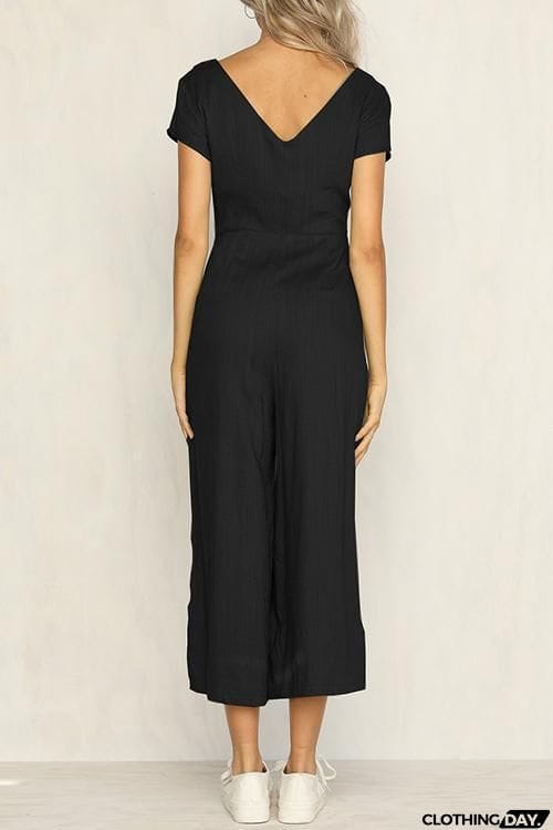 Button Pocket V Neck Jumpsuit