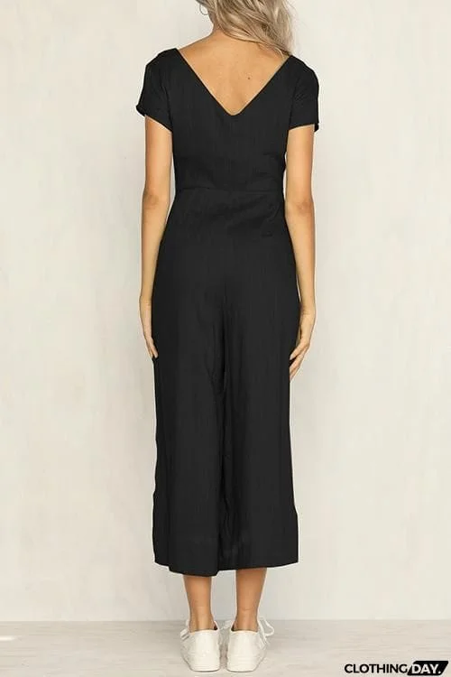 Button Pocket V Neck Jumpsuit