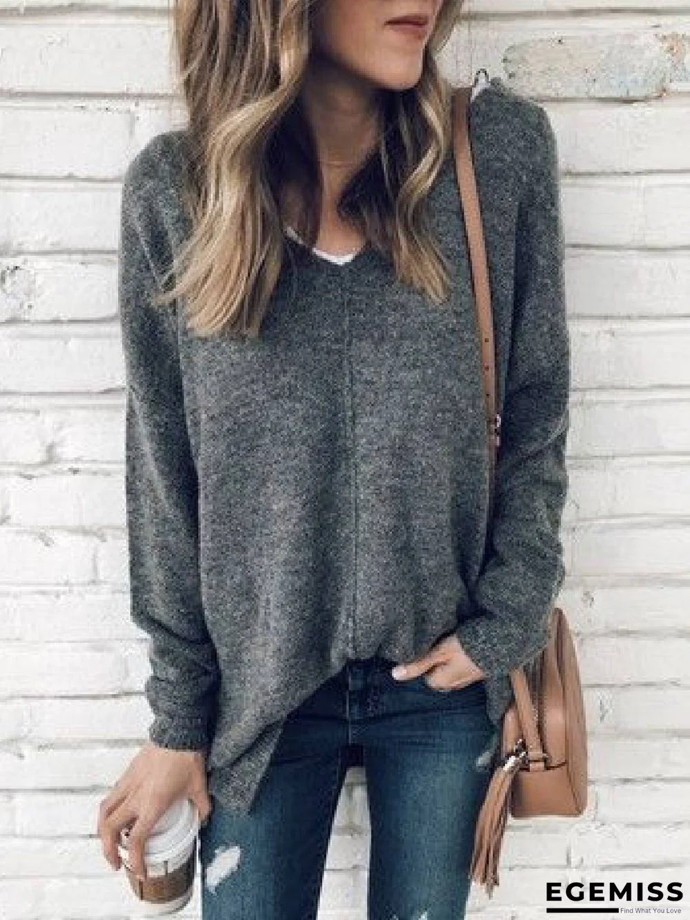 Long Sleeve V Neck Cotton-Blend Sweater | EGEMISS