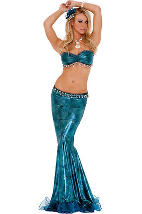 Blue Sexy Ladies Halloween Sequin Mermaid Costume-elleschic