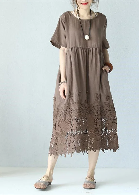 women khaki linen maxi dress Loose fitting O neck traveling dress women short sleeve baggy dresses