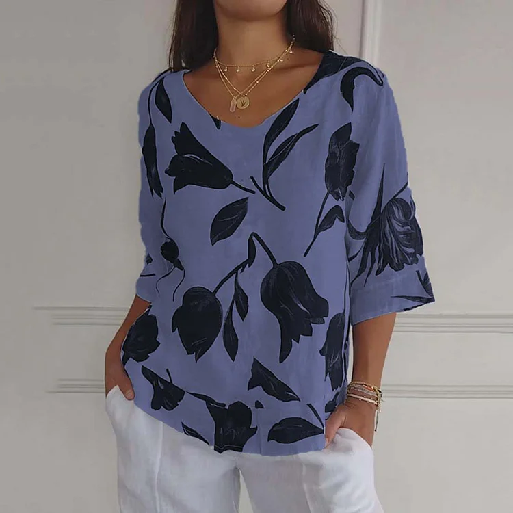 VChics Casual Floral Printed Round Neck Linen T-Shirt