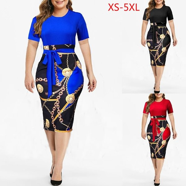 New Women's Fashion Printed Belted Short Sleeve Bodycon Dress Party Dress - Chicaggo
